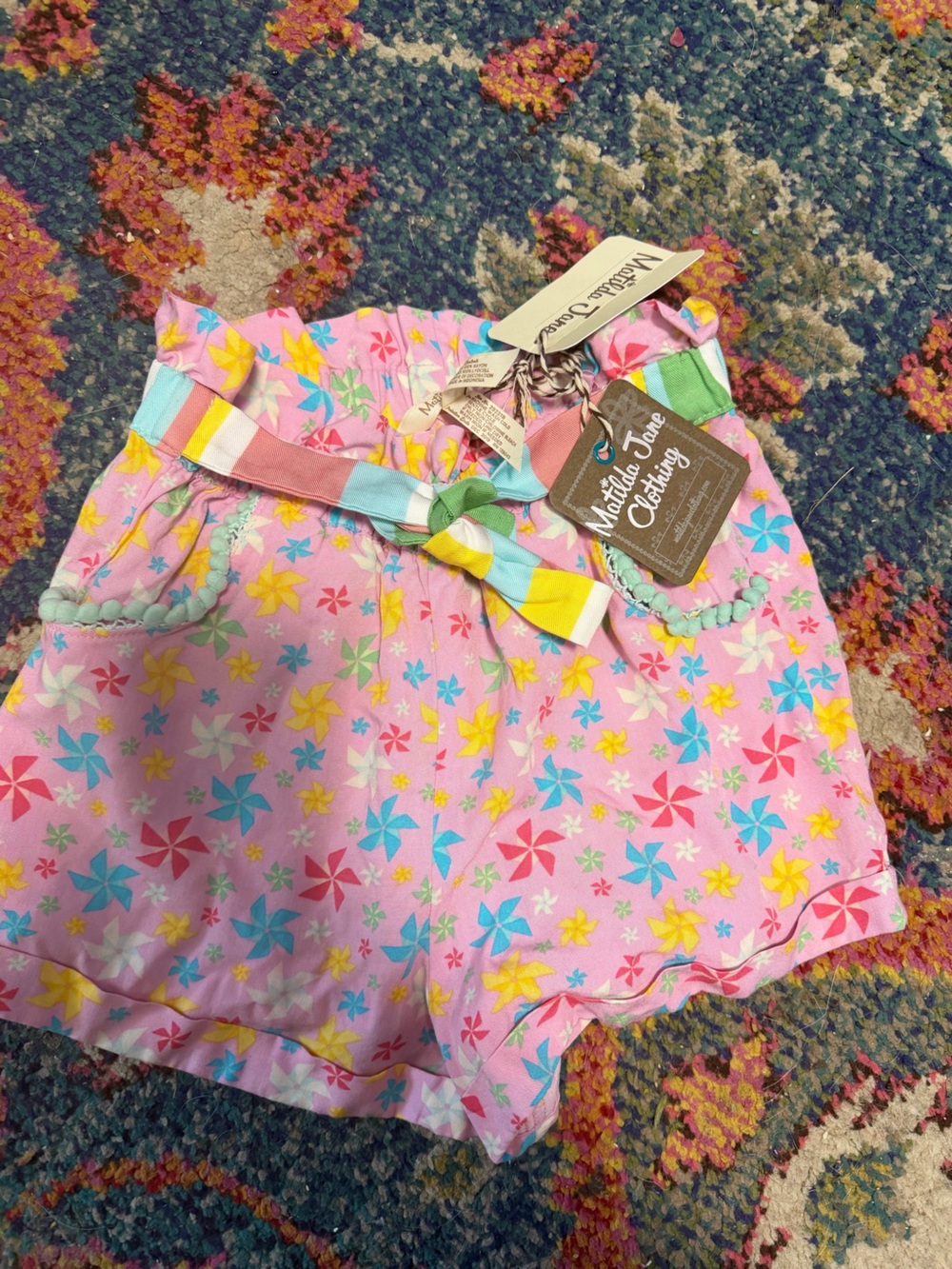Matilda Jane Pink Floral Pinwheel Shorts with Striped Tie